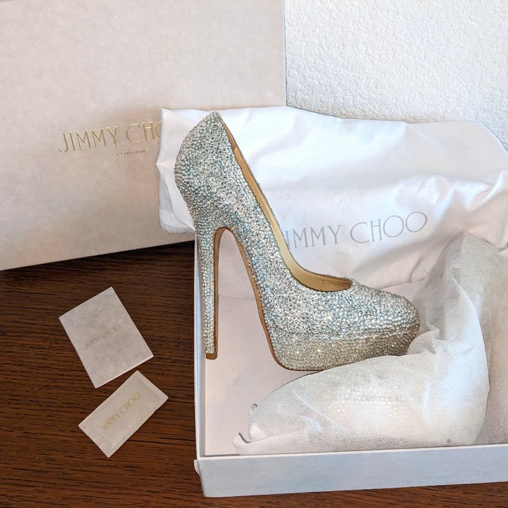 JIMMY CHOO – CUSTOM: SILVER STRASS CRYSTAL PLATFORM PUMP, Size 39